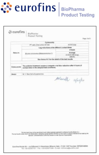 Certificato Eurofins - BioPharma Product Testing